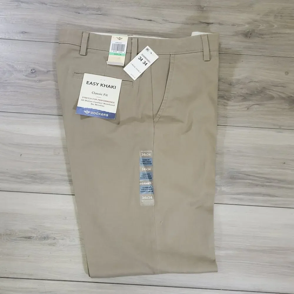 Dockers Pants Men's 34x34 Khaki Easy Khaki Classic Fit Stretch New